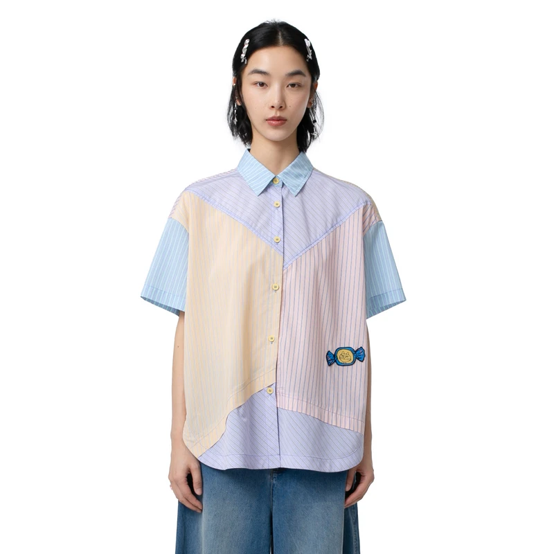 MOVEUP幻走2025夏季新款.FUN 糖果小猫条纹中长款衬衫女325220415