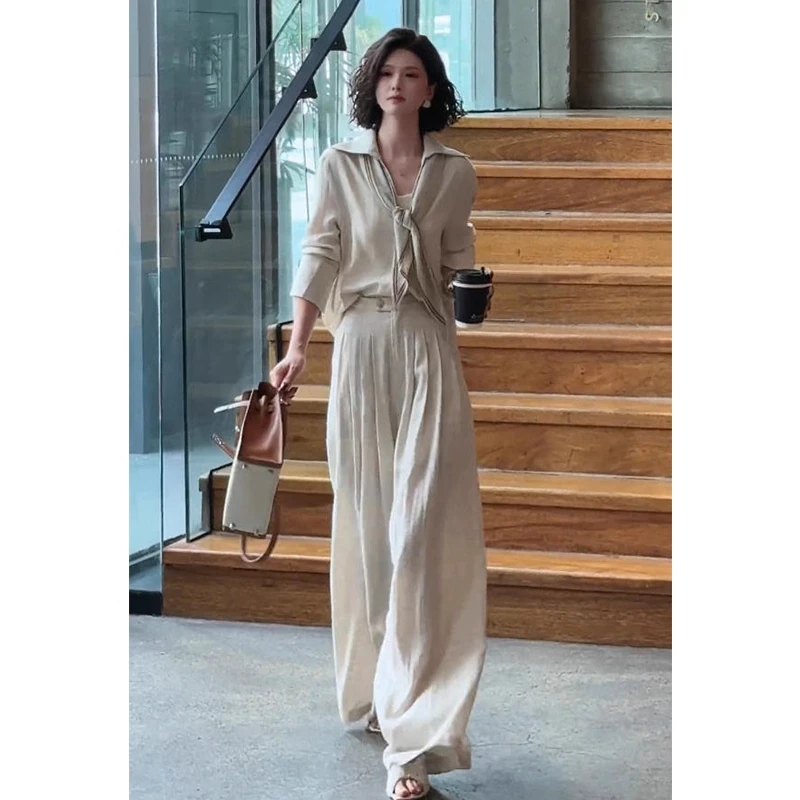 2025超火秋季一整套炸街减龄时尚大方得体穿搭杏色衬衫两件套装裤