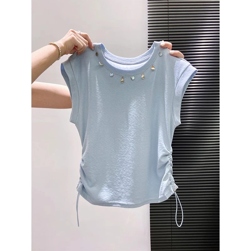 钉珠圆领无袖t恤女2025新款抽皱收腰显瘦短款夏日别致绝美小上衣