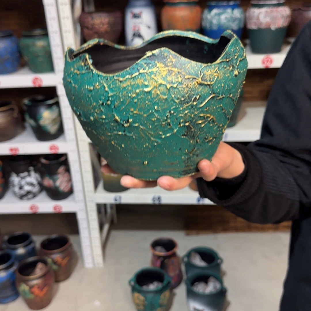 红陶红陶浮雕花盆炸炸炸