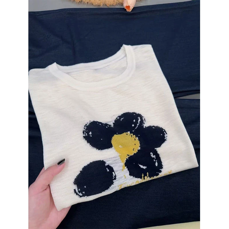 「向日葵」圆领短袖T恤女2025夏季新款宽松显瘦百搭上衣-2805