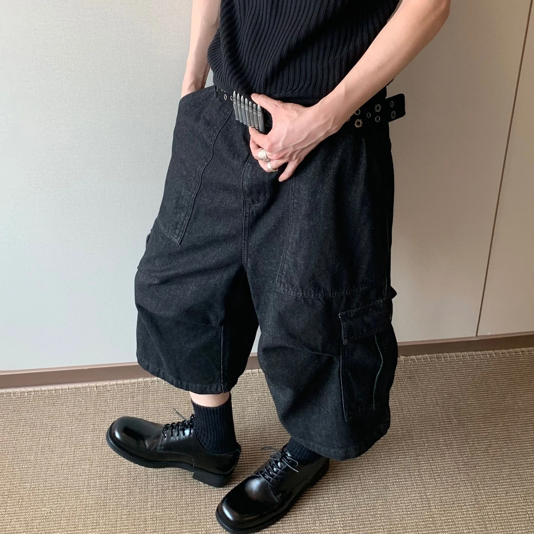 FEEL UP 韩系大口袋七分牛仔裤男夏季水洗做旧宽松阔腿短裤