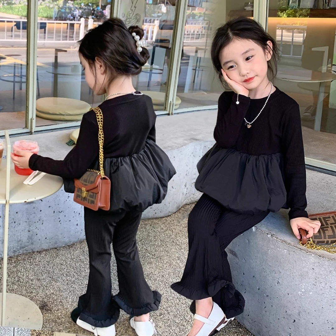 女童套装春秋款2025新款时尚小女孩泡泡下摆套装中小儿童装两件套