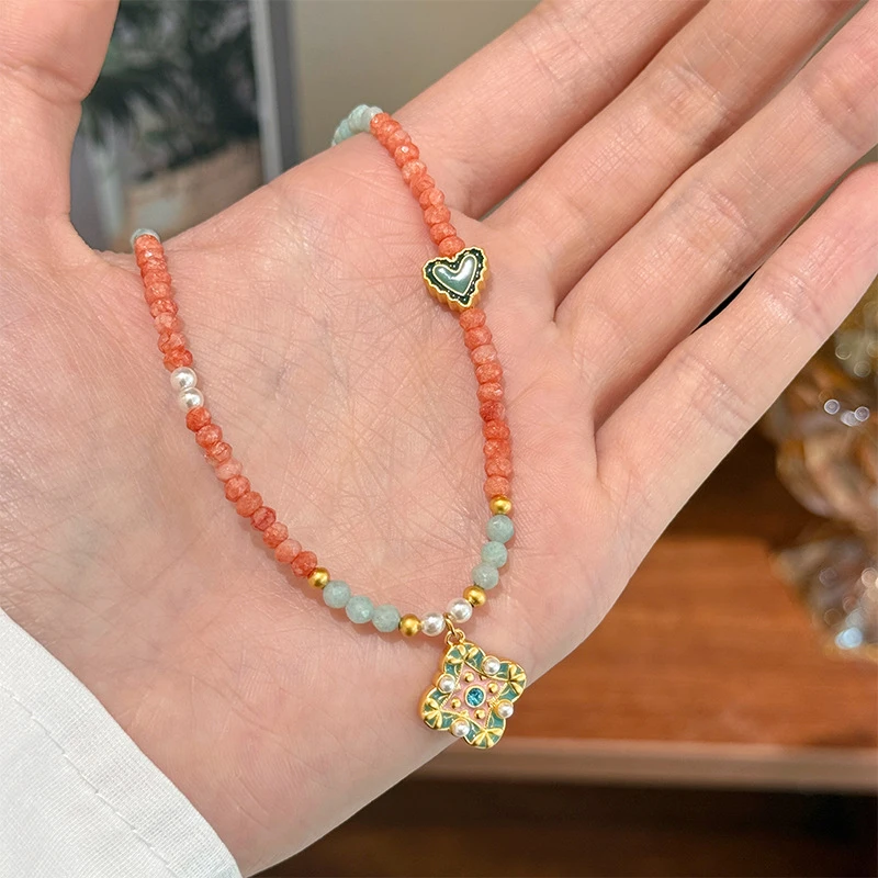 黄铜珐琅项链 新中式复古时尚彩色滴油珐琅四叶草吊坠项链锁骨链