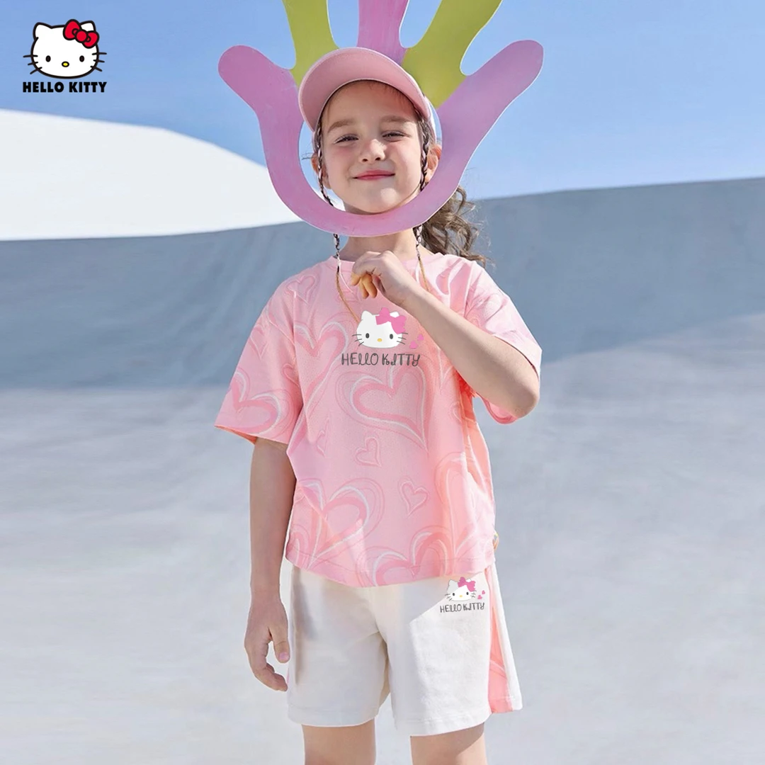 女童夏季套装2025新款卡通印花爱心满印粉系运动中大童两件套