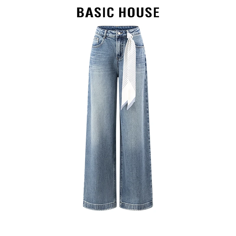 百家好/Basic House高腰丝巾系带宽松牛仔裤女通勤气质休闲直筒裤