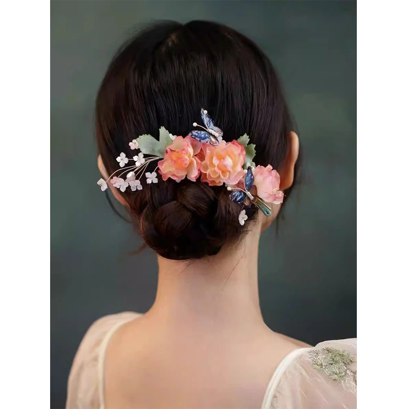 汉服后压边夹头饰古风仙气盘发发饰花朵蝴蝶软簪丸子头女发夹唐风