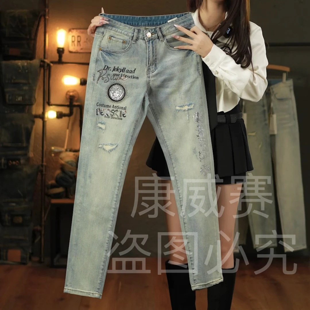 春夏季原创高端欧货烫钻印花男士牛仔裤复古浅蓝色修身弹力潮牌