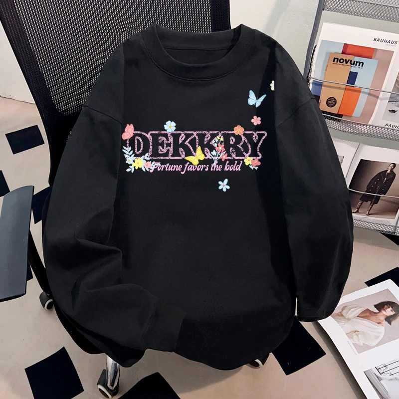 Dekkry秋冬宽松纯棉长袖男女款创意手绘蝴蝶字母印花百搭t恤上衣