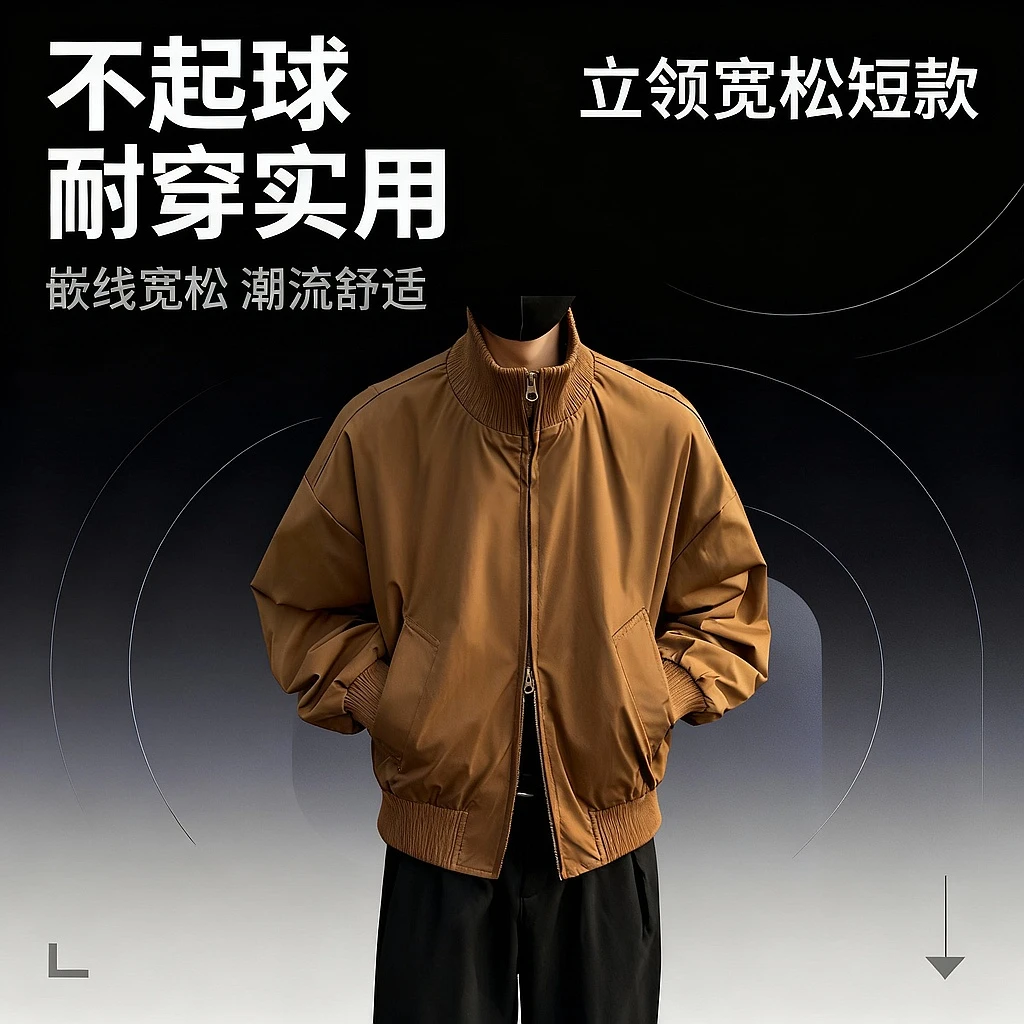 美式潮牌廓形立领飞行夹克男士春秋新款宽松百搭短款硬挺上衣外套