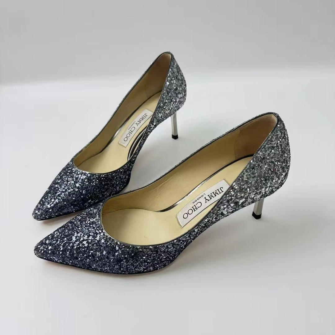 未使用 JIMMY CHOO/吉米周 35.5码/仔仔女鞋深蓝色亮片高跟鞋1840