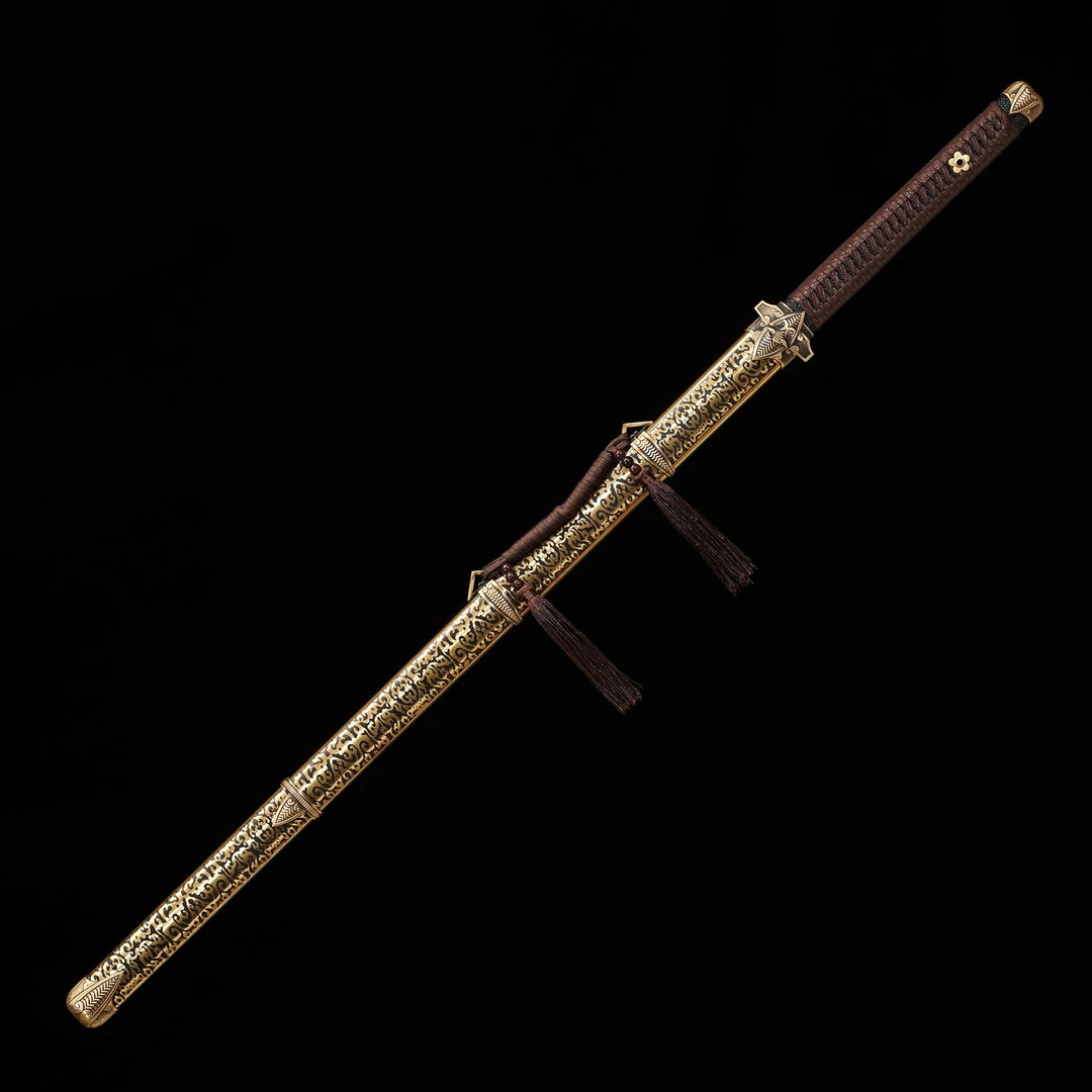 【问蝉铜鞘款唐刀】百炼花纹钢  黄铜  未开刃  摆件  收藏品