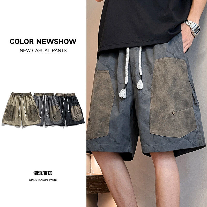 夏季冰感梭织短裤伐木裤男士亲肤休闲拼接宽松工装五分裤N2511