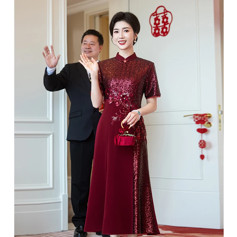 高端喜婆婆婚宴装旗袍晚礼服2025新款年轻妈妈婚礼服高贵洋气鱼尾