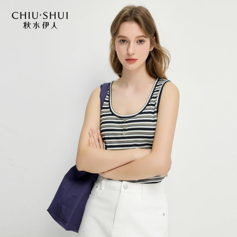 秋水伊人条纹U型领背心吊带无袖春新款女休闲上衣625101B890303