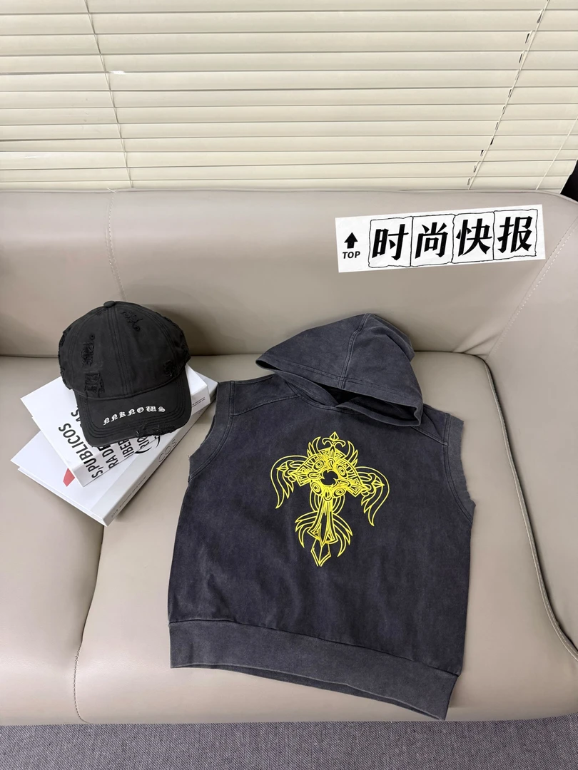 夏季潮牌做旧洗水设计师潮流宽松儿童纯棉男女童连帽背心
