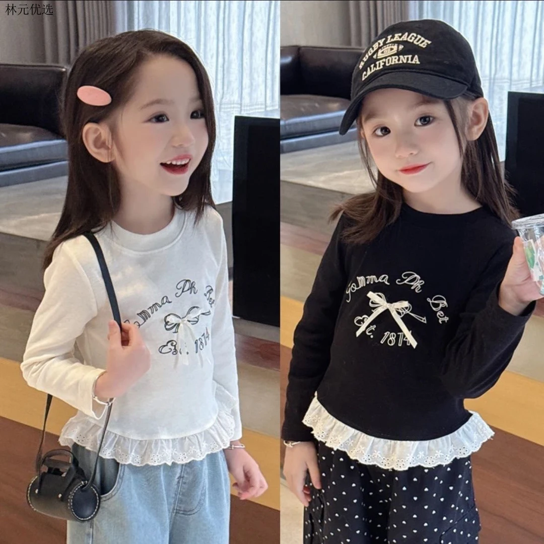 女童春秋新款打底2025宝宝长袖纯棉T恤儿童洋气上衣蕾丝春装花边