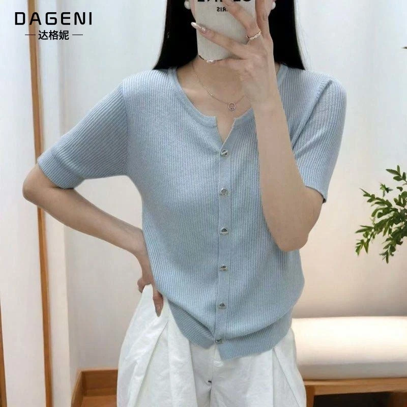 韩系减龄短袖针织衫女士2025夏季薄款打底衫洋气百搭开衫显瘦上衣