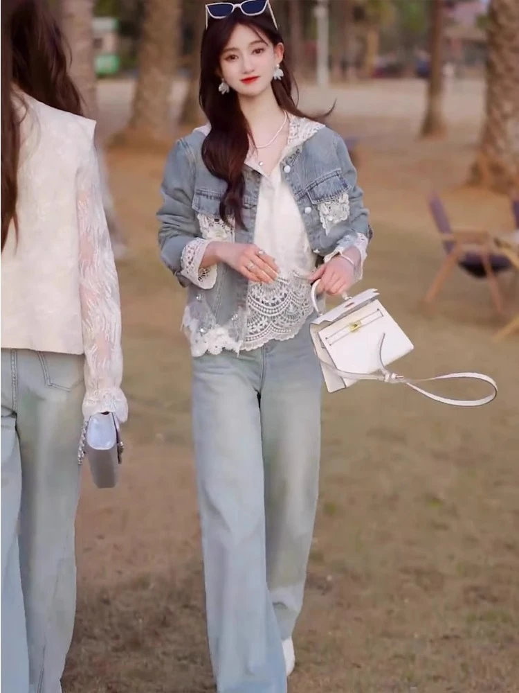 大码女装春季套装女2025新款韩百塔牛仔外套打底衫牛仔裤三件套
