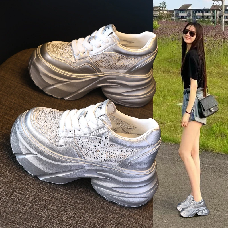 厚底小个子增高老爹鞋女2025新款休闲鞋小众设计亮片网面单鞋潮