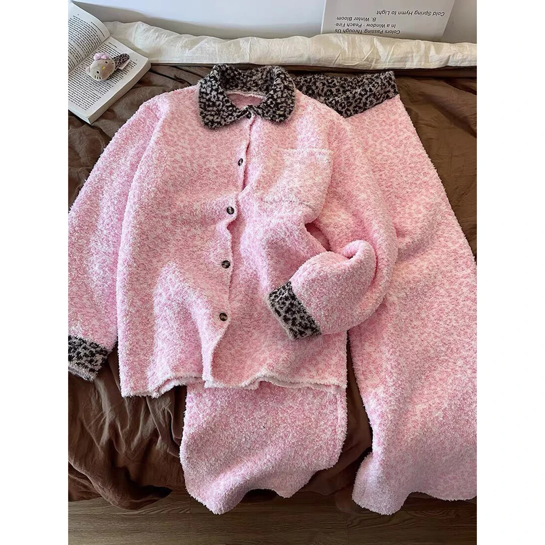 法式小香风豹纹半边绒睡衣女冬季新款针织开衫保暖加厚家居服套装