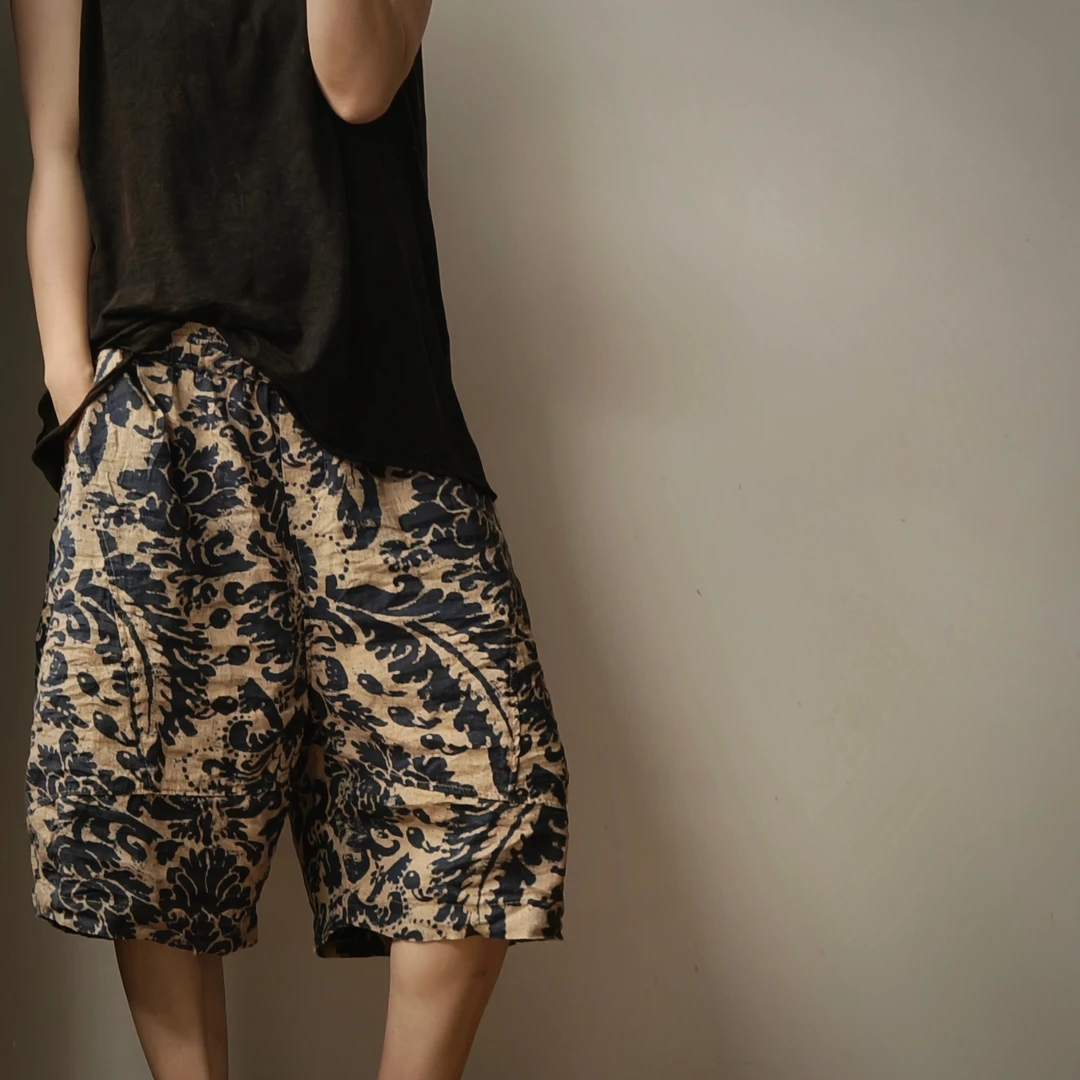 虞姑娘推荐  高定雨露亚麻青花瓷五分短裤【裤长57臀围128】