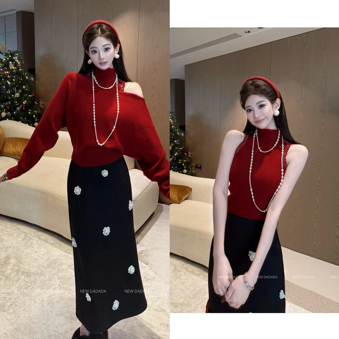 利达 NEW DADADA 圣诞网红时尚休闲修身红色两件套上衣YYM3926