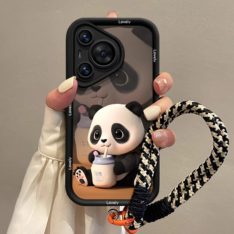 奶罐熊猫适用华为pura80手机壳70曲面60卡通保护硅胶防摔挂绳高级