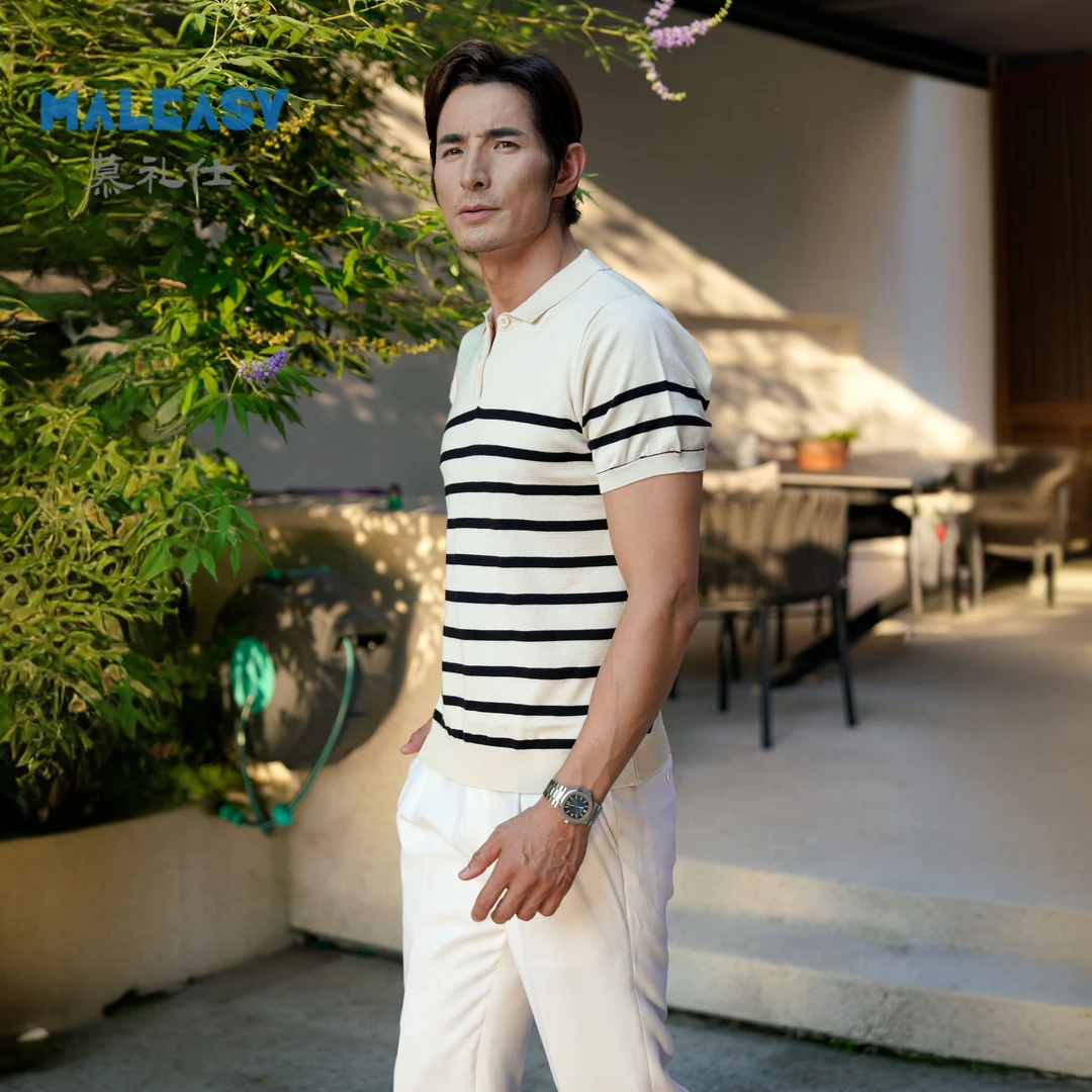 MALEASY/慕礼仕条纹撞色Polo衫男士百搭时尚横条纹保罗衫短袖T恤