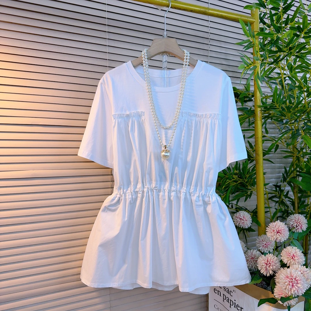 1022胖mm夏季新款欧货时尚拼接款抽腰遮肉显瘦设计感休闲百搭衫