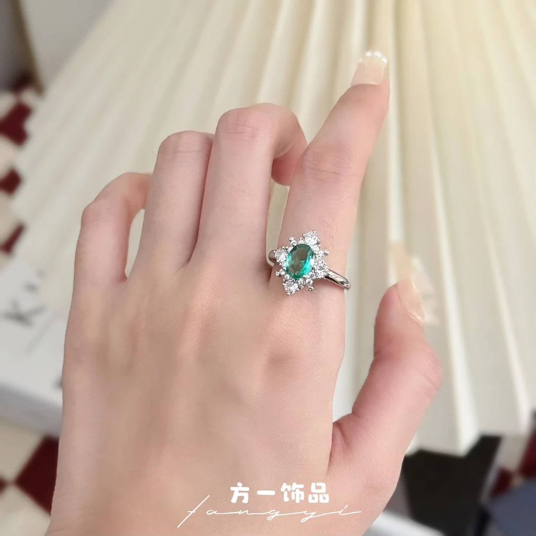 铜合金戒指 翠绿经典 太阳花戒指 开口可调节 轻奢气质绿色高级感