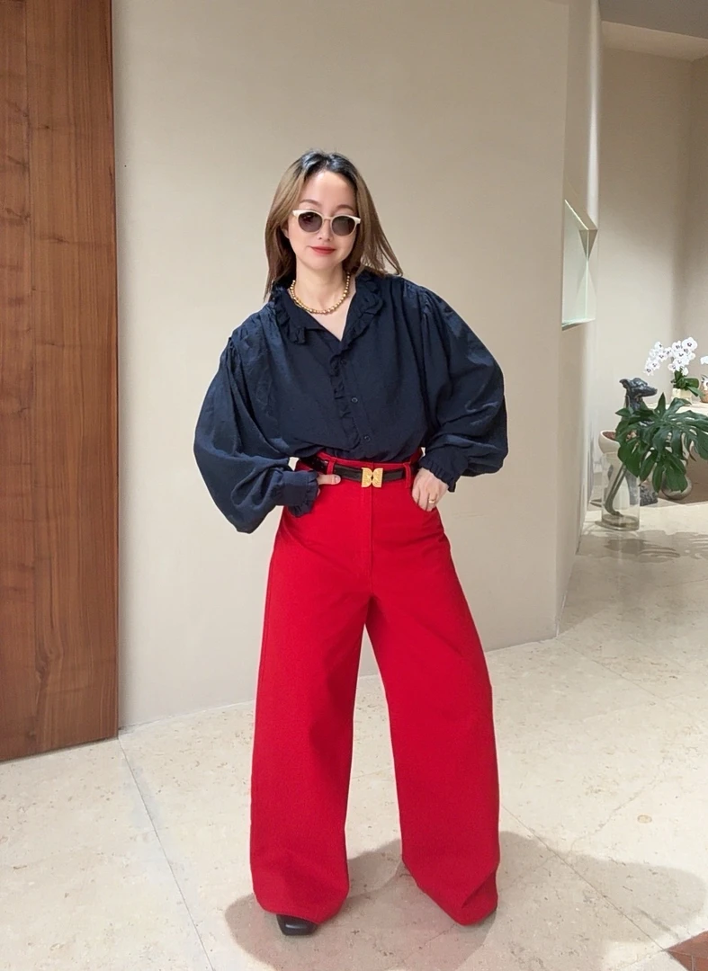 MAISON HOTEL 藏青色细格纹荷叶边领衬衫 WENDYZ