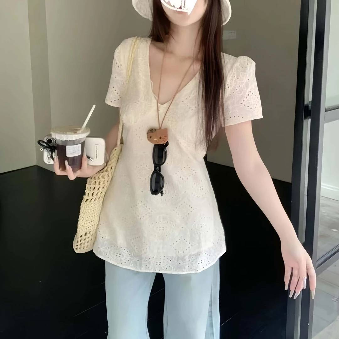 微胖大码纯欲风蕾丝短袖镂空刺绣T恤系带中长款夏季上衣女显瘦潮