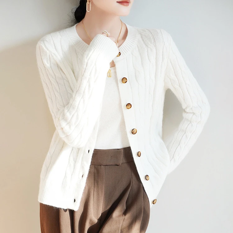 氛围感高端精纺羊毛开衫女复古麻花软糯毛衣外套宽松显瘦针织上衣