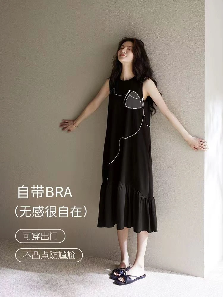 带胸垫成人简约夏季长款圆领女无袖睡裙黑色气质背心裙长裙时尚