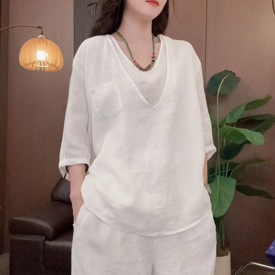 IXIAN女装-夏季纯色七分袖100亚麻假两件V领短袖T恤休闲宽松上衣