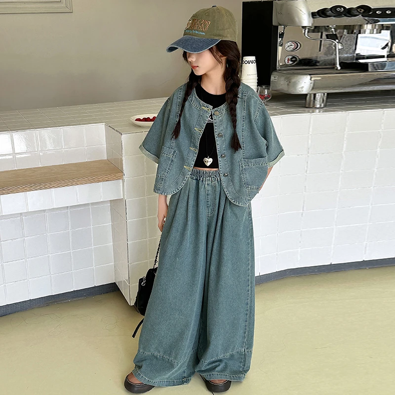 女童牛仔套装2025新款儿童夏装短袖外套夏季洋气女孩阔腿裤夏装潮