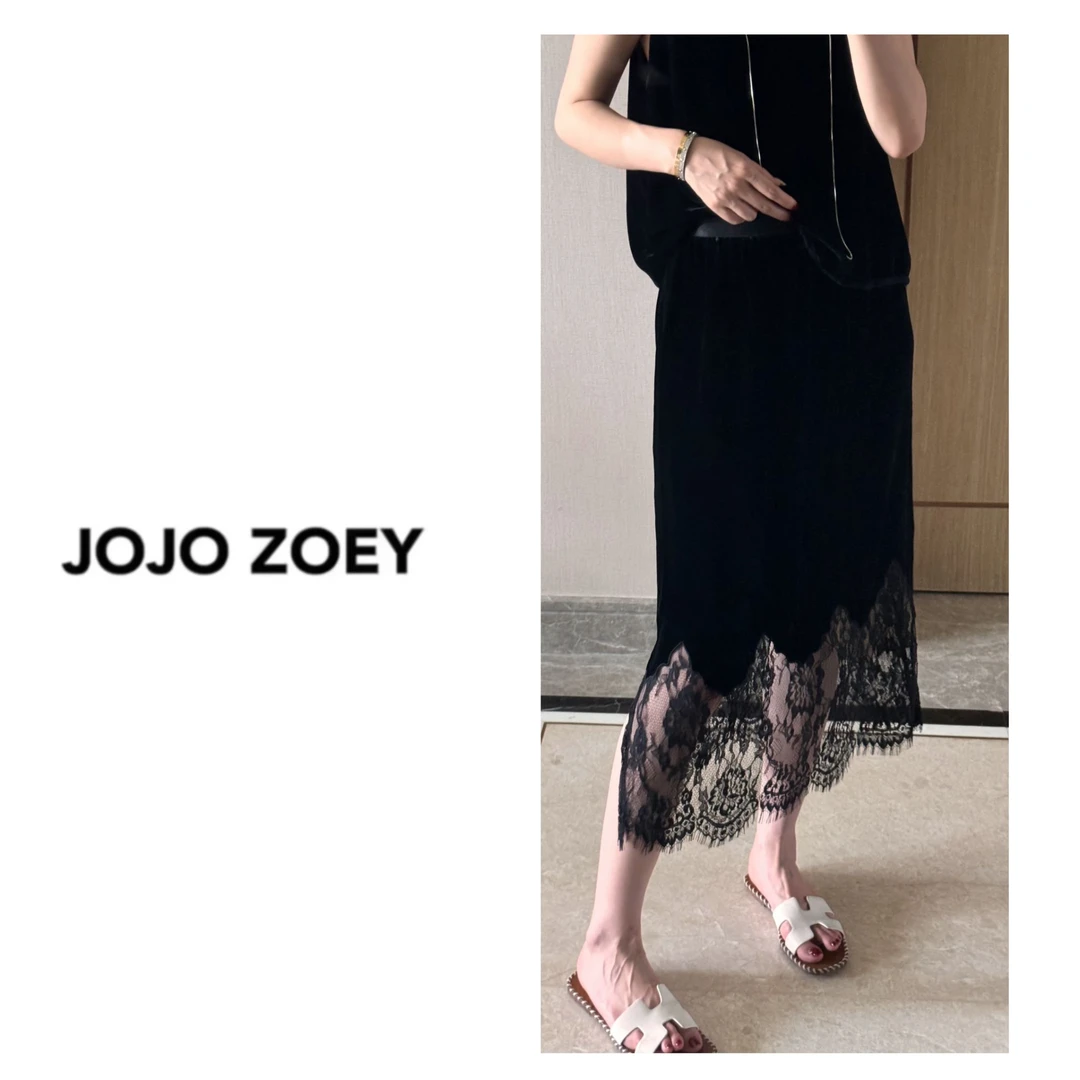 JOJO ZOEY【清仓NO退换】~100羊毛黑色丝绒蕾丝拼接裙bq-2378