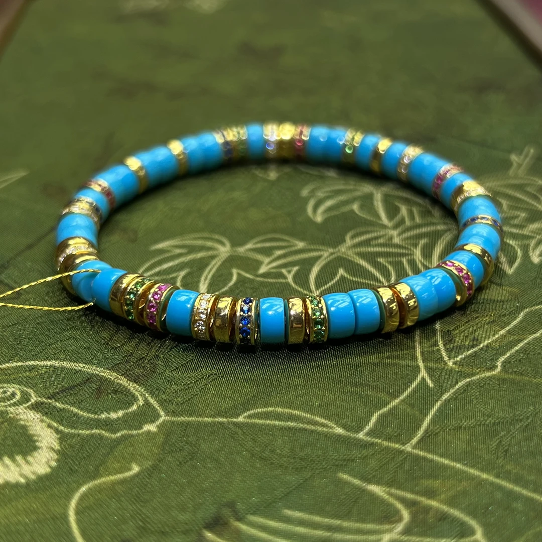 【珺笙珠宝】原矿蓝精灵18K金绿松石直切手串