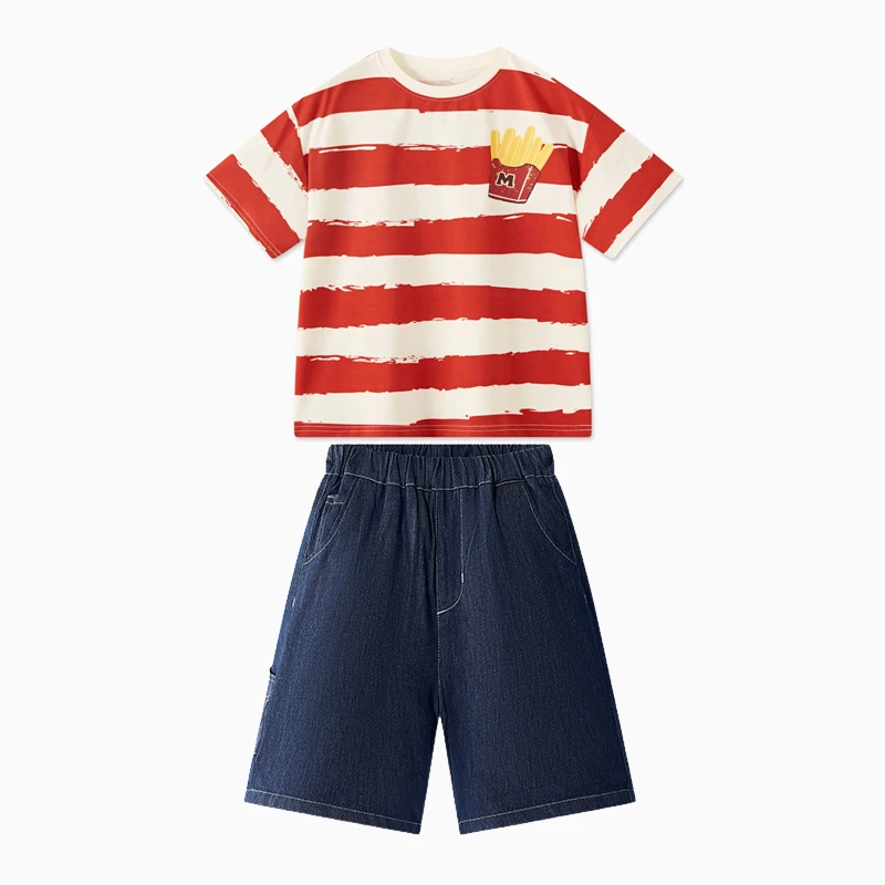 MQD时尚儿童百搭条纹休闲短袖T恤套装童装男童潮服TCW03R4