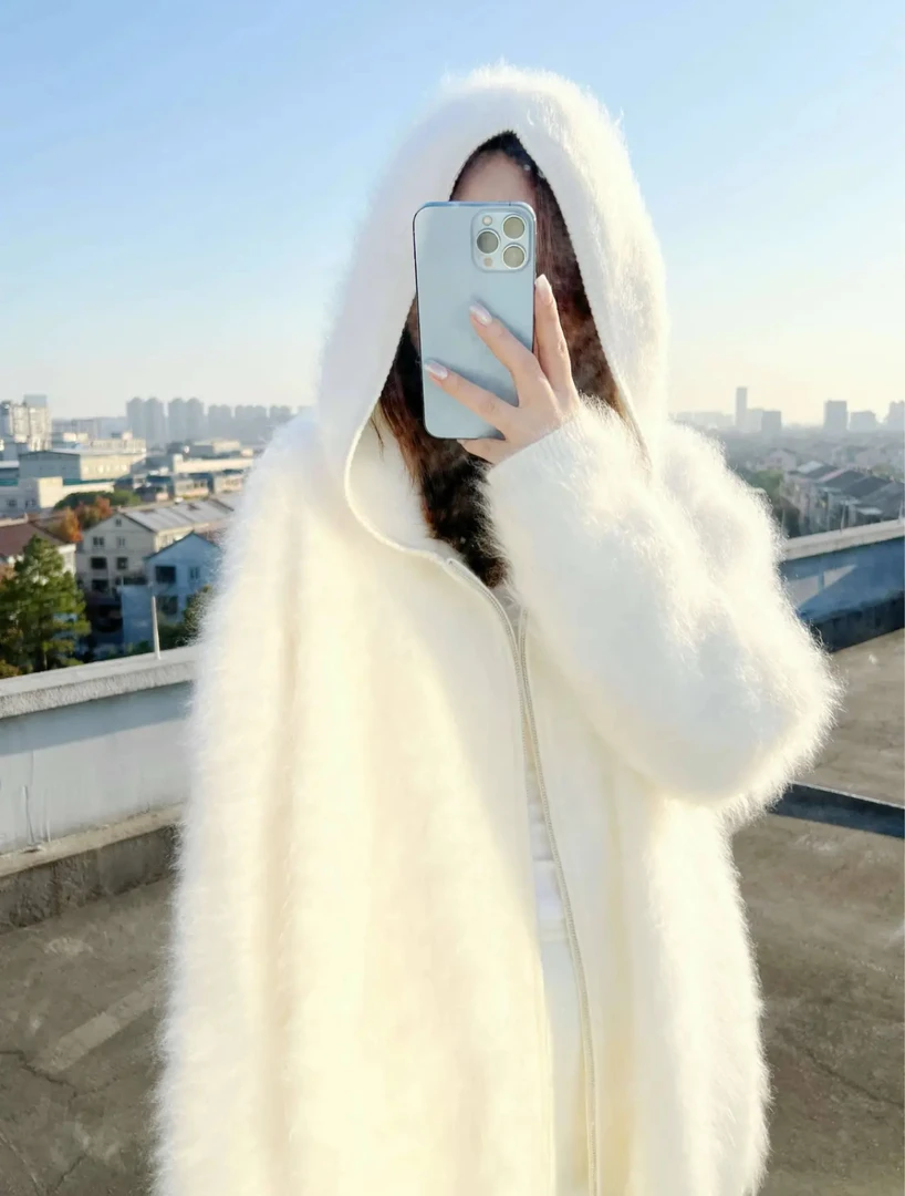 秋冬新品超厚100山羊绒拉绒鄂家同款宽松斗篷帽衫