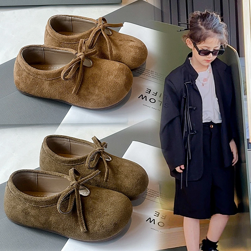 春秋2025新款仙女风单鞋咖色女童公主磨砂皮小皮鞋翻毛皮豆豆圆头
