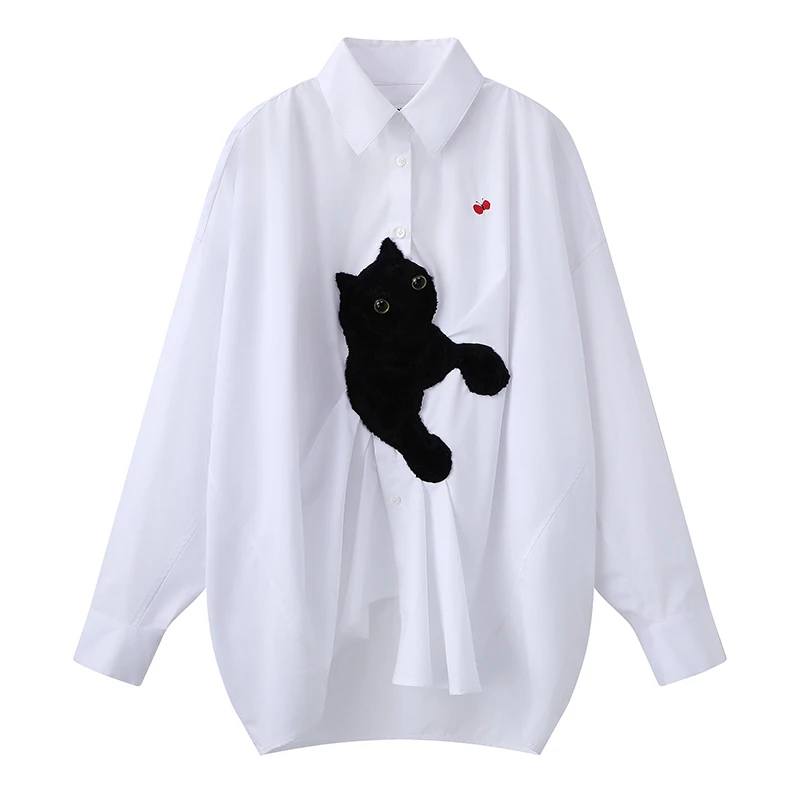 【Y2764】春新品猫咪捉蝴蝶小众趣味设计感简约时尚百搭宽松衬衫女