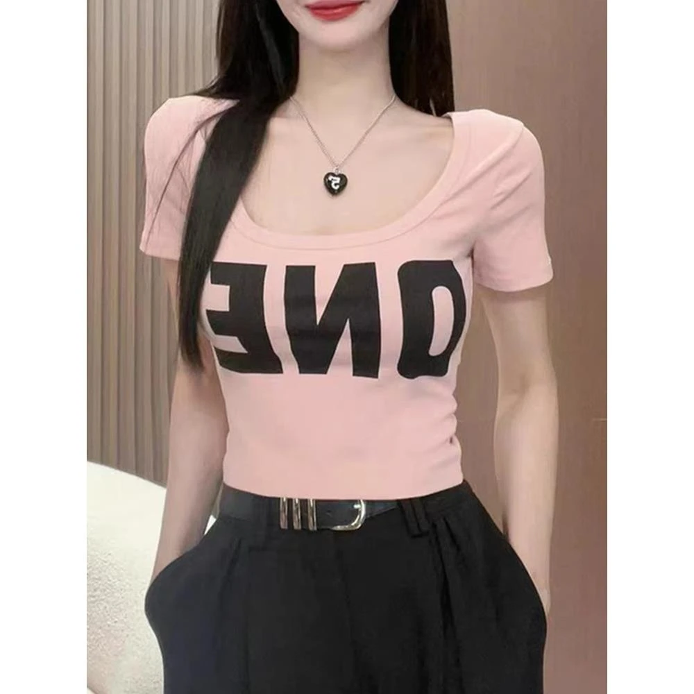 字母印花短袖t恤女2025年夏季新款修身显瘦短款体辣妹黑色带胸垫