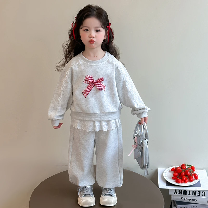 女童花边针织套装春秋季2025新款蝴蝶结休闲卫衣儿童百搭两件套潮