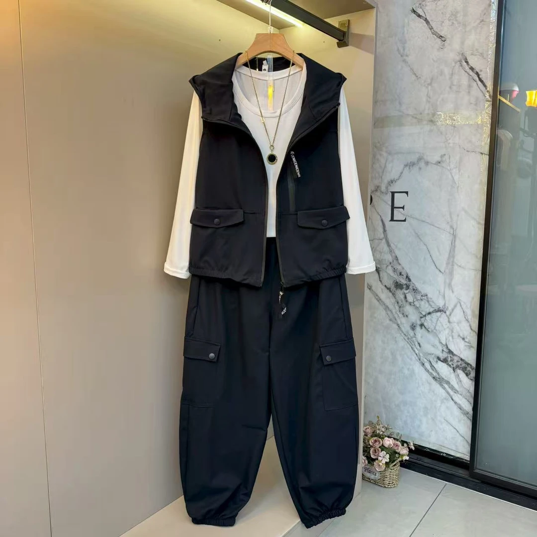 大码女装早秋新款时尚女韩版洋气连帽马甲打底衫哈伦裤三件套2526