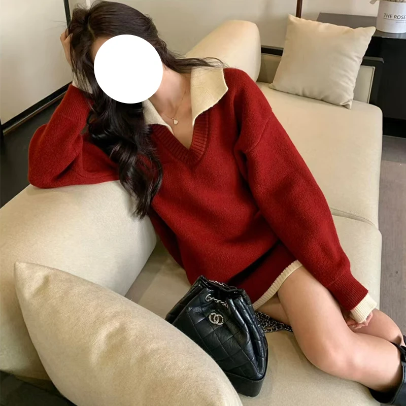 法式复古撞色安可拉红新年针织毛衣秋冬大码胖MM百搭显瘦内搭上衣