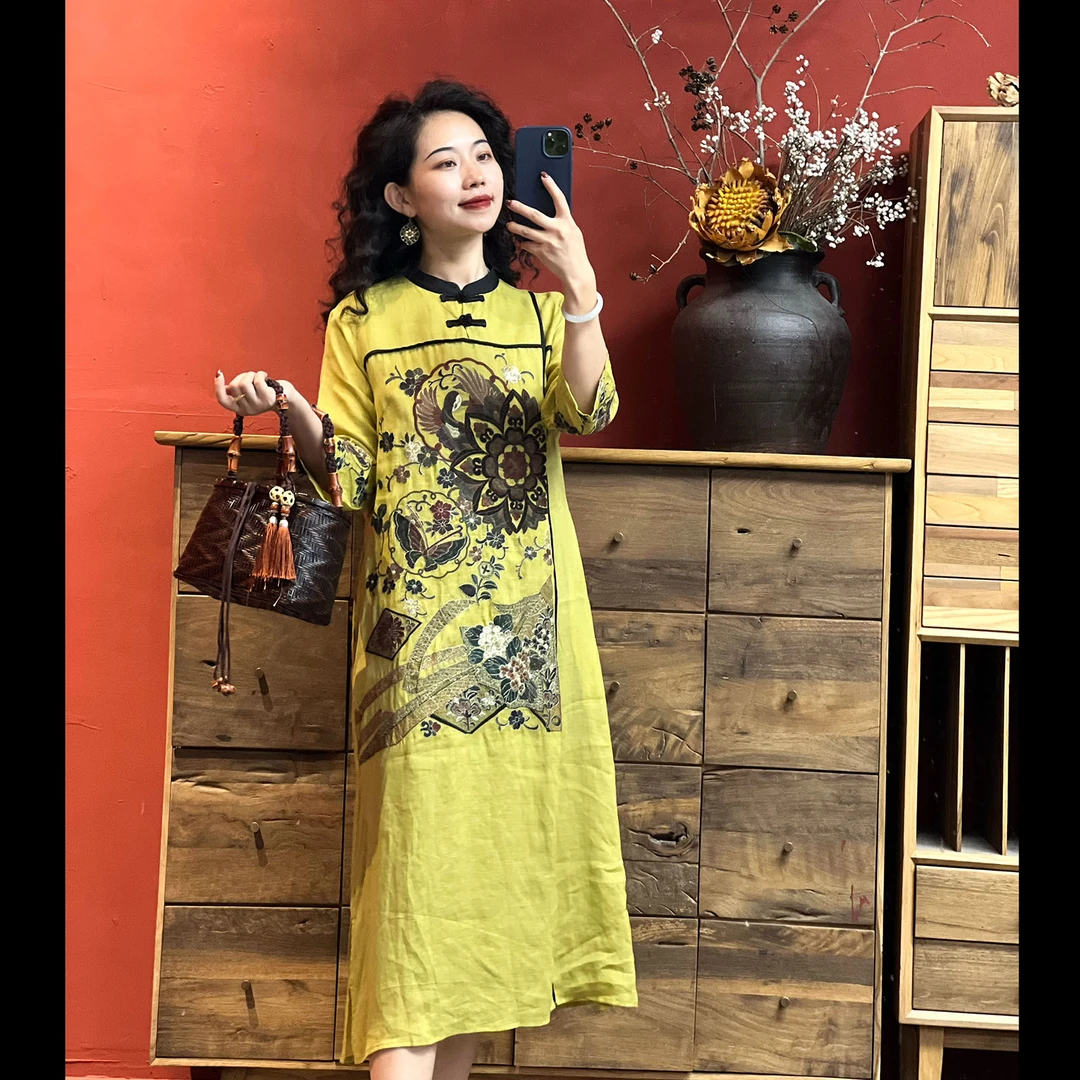 复古中式改良刺绣连衣裙女民族风中长款裙子L790