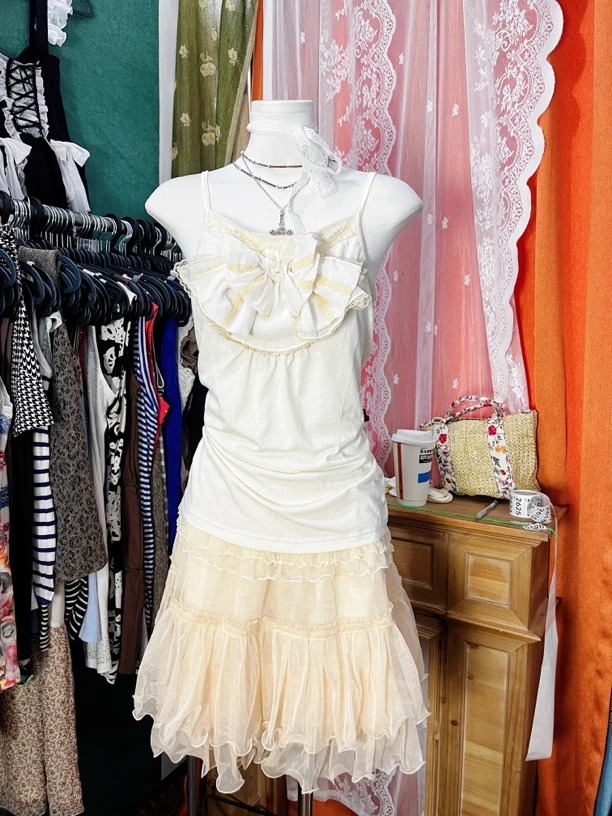 复古法式甜美夏季辣妹吊带背心内搭外穿古着风格