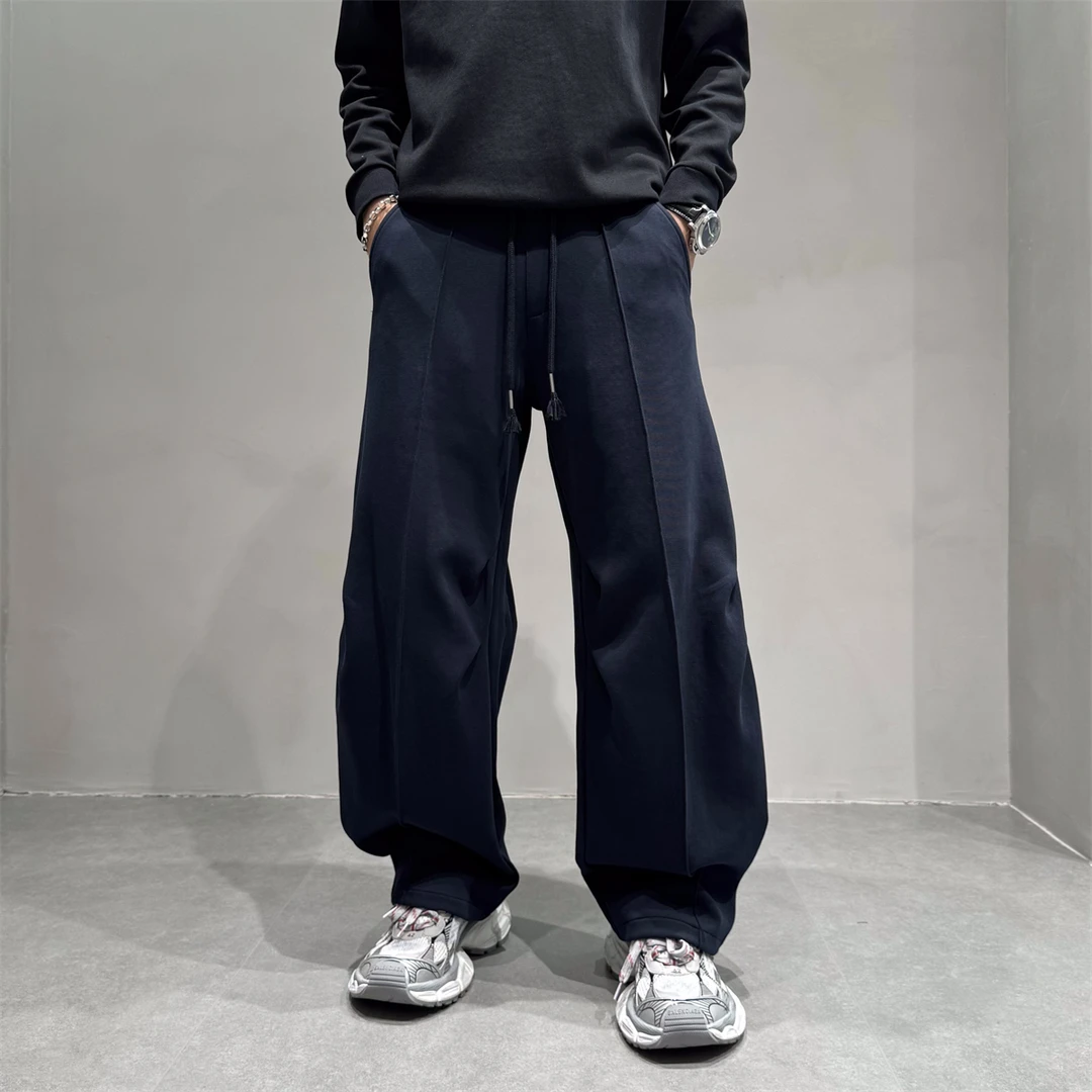 原创日系宽松直筒垂感针织卫裤立体剪裁高弹百搭有型男士休闲长裤